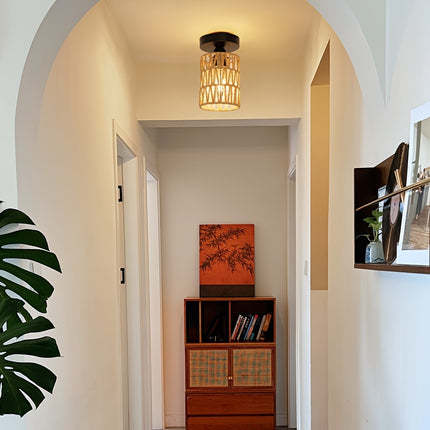 1pc Rattan Ceiling Light Fixture, Bohemian Style Flush Mount Ceiling Lamp, Handwoven Wicker Chandelier,