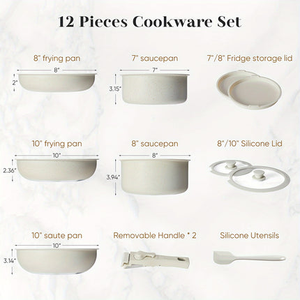Cookware Sets 12pcs Pots and Pans Set with Detachable Handle, Beige Kitchenware for Home