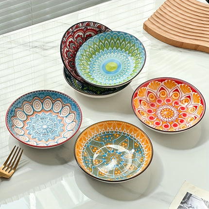 12pcs Bohemian Style Dinnerware Set, Colorful Hand-Painted Underglaze, 5.7-Inch Ceramic Plates,