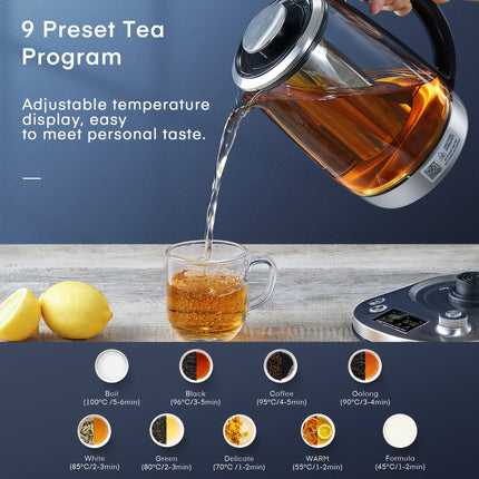 Electric Tea Kettle, 9 Temperature Control Presets Glass Kettle, 1200W Tea Pot with Removable Infuser