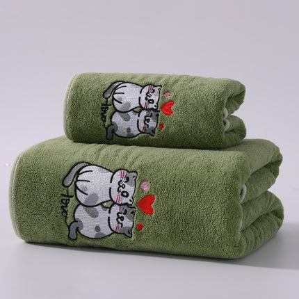 2pcs Cartoon Cat Embroidery Towel Set, Super Absorbent Coral Fleece, Soft & Comfortable