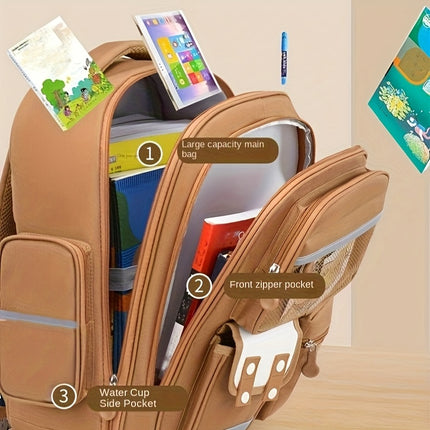 Brown Nylon Backpack with Adjustable Shoulder Straps, Zipper Closure, and Cute Cartoon Design,