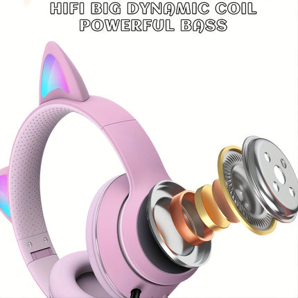 AUX 3.5Mm Cat Ear Gaming Headphones with LED Light, Noise-Cancelling Stereo On-Ear Headphones,