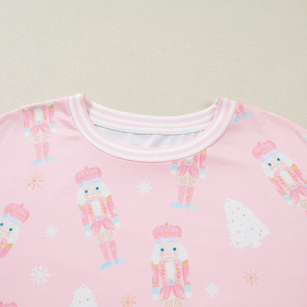 Pink Christmas Tree Nutcracker Doll Print Contrast Trim Long Sleeve Top Matching Shorts Set