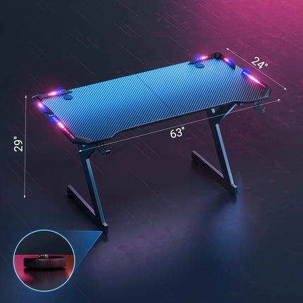 Gaming Desk With Carbon Fiber Desktop And 4 LED Lights, Sturdy Home/office
