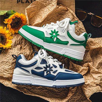 Men's Trendy Flower Pattern Lace Up Skateboard Shoes, Non Slip Comfy Platform Shoes, All Seasons