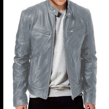 Gentleman's Warm Zipper Cardigan Pocket Decorated Pu Leather Coat