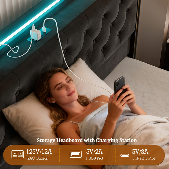 49.2" Tall Bed Frames with 4 Drawers, Velvet Platform Bed with Wingback Storage Headboard,