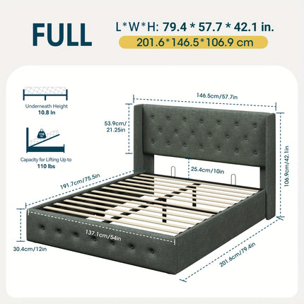 Storage Bed, Modern Wingback Upholstered Headboard, Hydraulic Platform Bed, Wooden