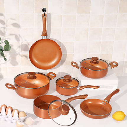 10pcs Copper Nonstick Cookware Set, Aluminum Induction Compatible Pots and Pans with Ceramic Coating,