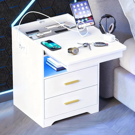 LED Bedside Table With Gun Drawer, With Charging Station, Modern Side Table With Fabric Drawer,