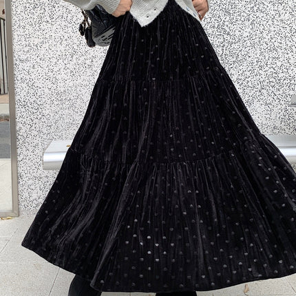 Women'S Elegant Heart Pattern Velvet Skirt - High-Waisted A-Line Long Skirt with Ruffled Hem