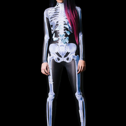Halloween Long Sleeve Tights See-through Skeleton 3D Printed One-piece