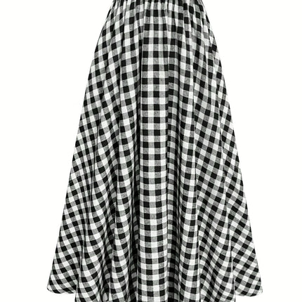 French Vintage A-Line Skirt - High-Waisted Long Maxi Skirt with Checkered (for houndstooth) Skirt,