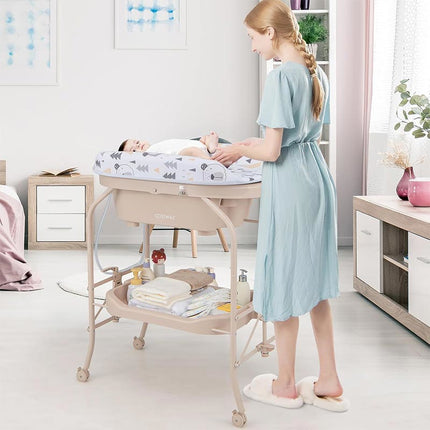 Baby Changing Table with Bathtub, Portable Infant Nursery Station with Changing Pad, Bath Tub
