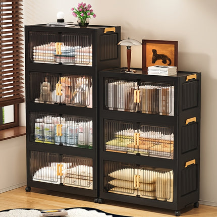 Modern Black Storage Cabinet with Transparent Doors & Golden Hinges - Heavy-Duty Plastic Multi(