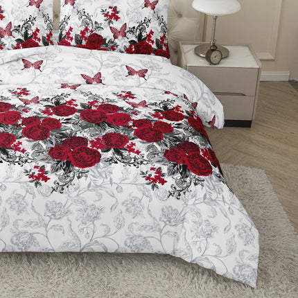 3pcs Red Small Butterfly Rose Romantic Flower Cluster Down Duvet Cover Three-Piece Set, Bedding Sets