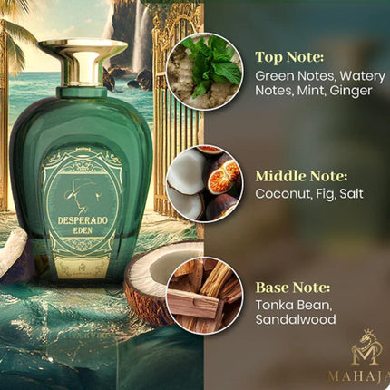 Mahajan Desperado Eden Eau de Parfum for Men 3.4 oz Tropical Woody Green Fragrance with Mint