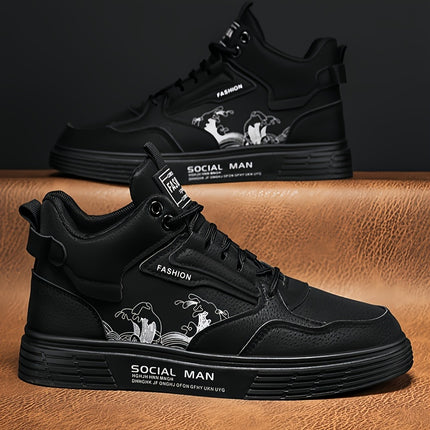 Men's High-Top Casual Sneakers - Solid Color Lace-Up Boots with PU Upper,