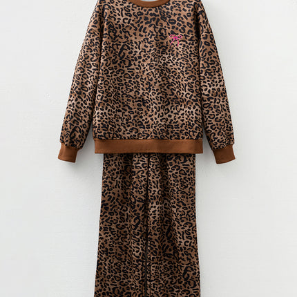 Coffee Leopard Print Contrast Trim Long Sleeve Top and Pants Set