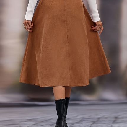 Elegant Solid Color Button-Front Flared Skirt for Women - High Waist, Machine Washable