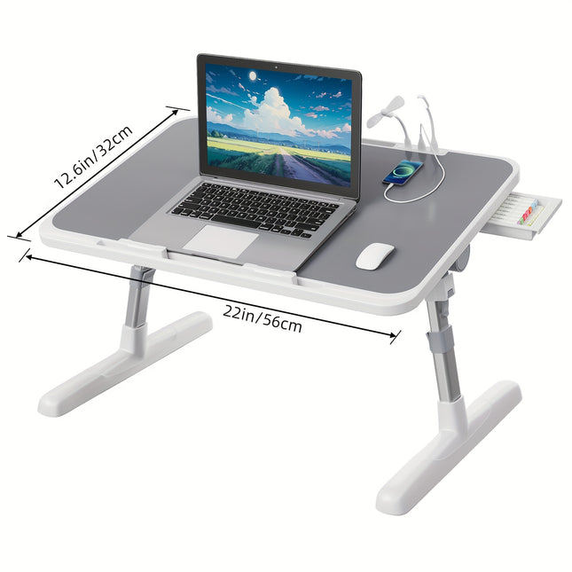 Lap Desk Bed Tray Table, Adjustable Laptop Stand For Bed With USB/Light/ Fan/Drawer