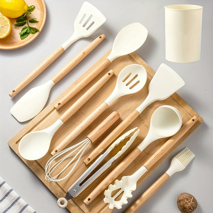 12pcs Silicone Kitchen Utensils with Wooden Handles - Elegant, Non-Stick Spatula And Spoon