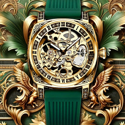 1pc Men'S Green Tape Gorgeous Retro Fully Automatic Hollow Mechanical Watch, Without Battery
