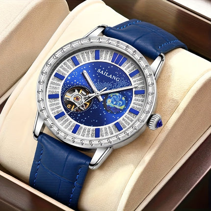 Men's Automatic Mechanical Watch - Casual Style, Rhinestone Detail, No-Waterproof,