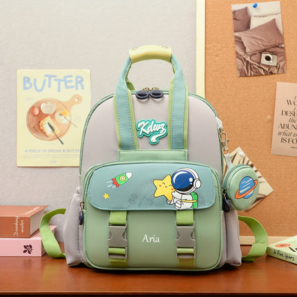 Customizable name, cute cartoon bunny/ astronaut design backpack with detachable small wallet