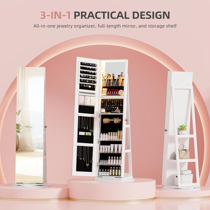 360° Rotating Jewelry Armoire with Lights, Lockable Mirror Jewelry Cabinet,