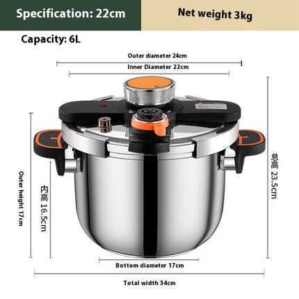 Stainless Steel Pressure Cooker 6L Household Thickened Explosion-proof Pressure Cooker Three-speed Stew Energy-saving Pot