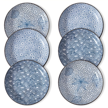A 6pcs Ceramic Dinner Plate Set Featuring Japanese Floral Designs, Blue And Porcelain Dessert Plates,
