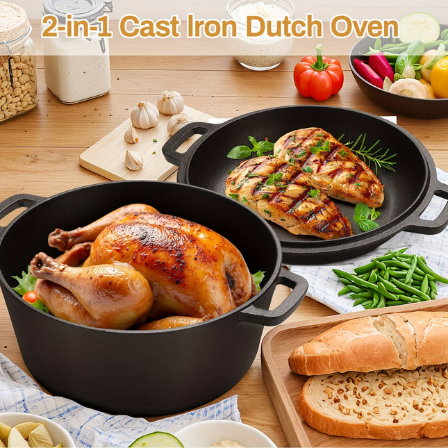 2-in-1 Cast Iron Cookware Set (Dutch Oven + Skillet) - Dual-Purpose Pots And Pans Set for Stove,