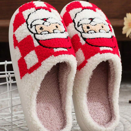 Fiery Red Checkered Santa Claus Graphic Plush Home Slippers