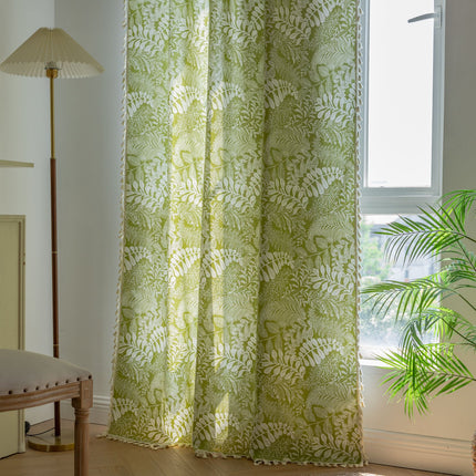 Green Plant Floral American Kitchen Print Fringe Curtain Complete Set Rod Style