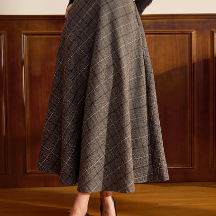Vintage Elegant Women's Skirt with Pockets, Plaid Belt, Casual Commuting Vacation Skirt