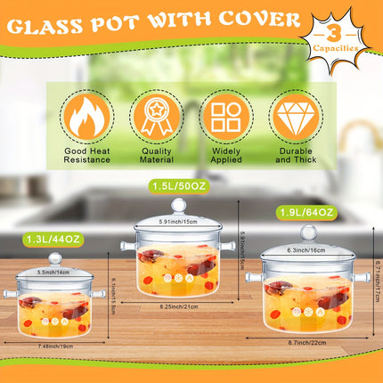 3 Pcs Glass Simmer Pot Heat Resistant Clear Glass Saucepan with Cover Handle
