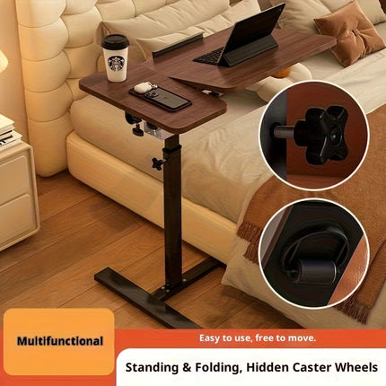 Mobile Bedside Table with Hidden Wheels; Adjustable Height Flip-Style Bedside Table