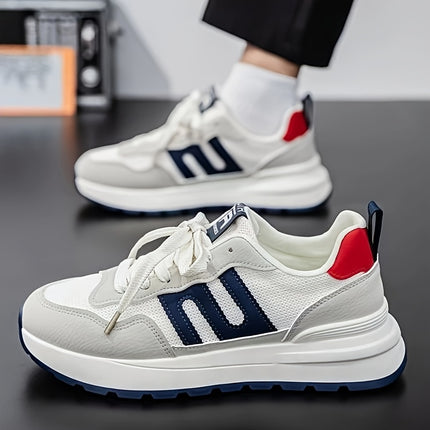 Men's Low-Top Sneakers - White/Blue/Red Accent Color Scheme, Lace-Up Closure