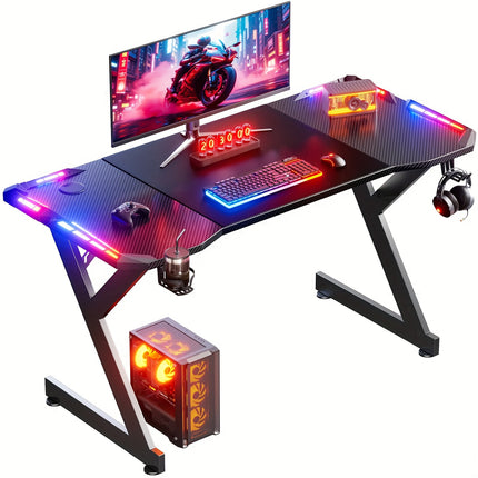 Sturdy Y-Shaped Gaming Desk with Dual RGB LED Lights, Computer Table