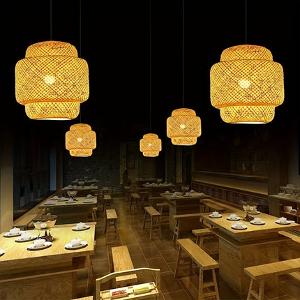 Bamboo Chandelier Suitable for E26/E27 - Rustic Zen Ceiling with Polished Cylindrical Bamboo Shade