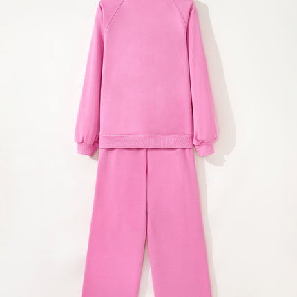 Bright Pink Polo Collar V Neck Pullover and Drawstring Sweatpants Set