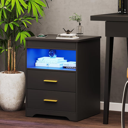 LED Bedside Table With Gun Drawer, With Charging Station, Modern Side Table With Fabric Drawer,