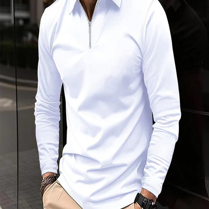 Zipper Men's Solid Color Long Sleeve Sports Polo Shirt