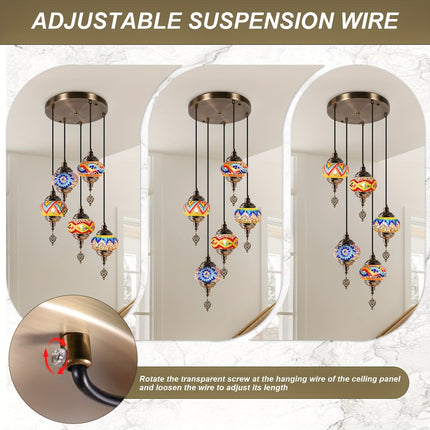 1pc Turkish-Moroccan Tile Pendant Ceiling Light, 5-Arm Shade, E27 Socket, Handcrafted Glass,