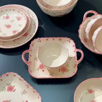 8pcs French Country Ceramic Dinnerware Set with Red Glaze & Peach Blossom Pattern Round Plates,