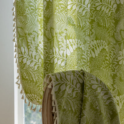 Green Plant Floral American Kitchen Print Fringe Curtain Complete Set Rod Style