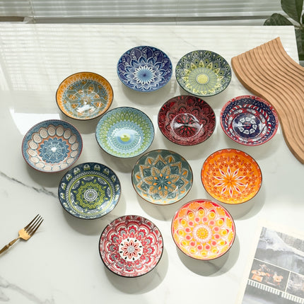 12pcs Bohemian Style Dinnerware Set, Colorful Hand-Painted Underglaze, 5.7-Inch Ceramic Plates,
