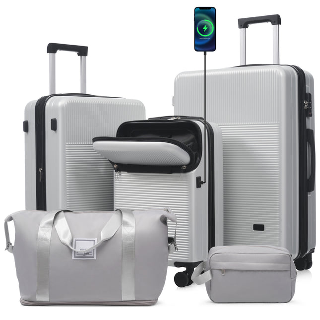 Luggage Sets 5 Piece with Half-opening, Hardside Carry On Suitcase Set with Double Spinner Wheel, Lightweight Travel Luggage with USB Port,TSA Locks